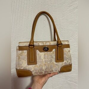 Coach Hampton Optic Signature Jacquard Leather Satchel Bag 11818 Cream And Tan